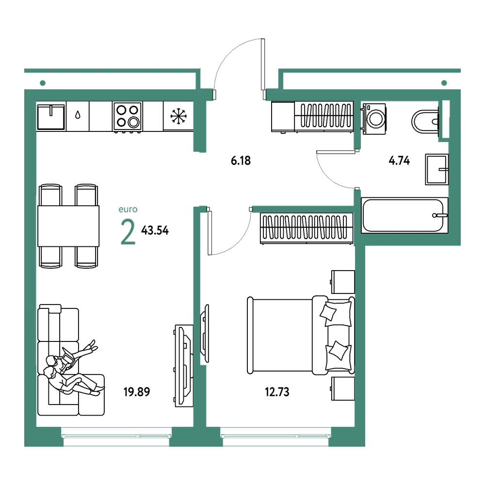 Планировка: Евродвушка 43,54 м²