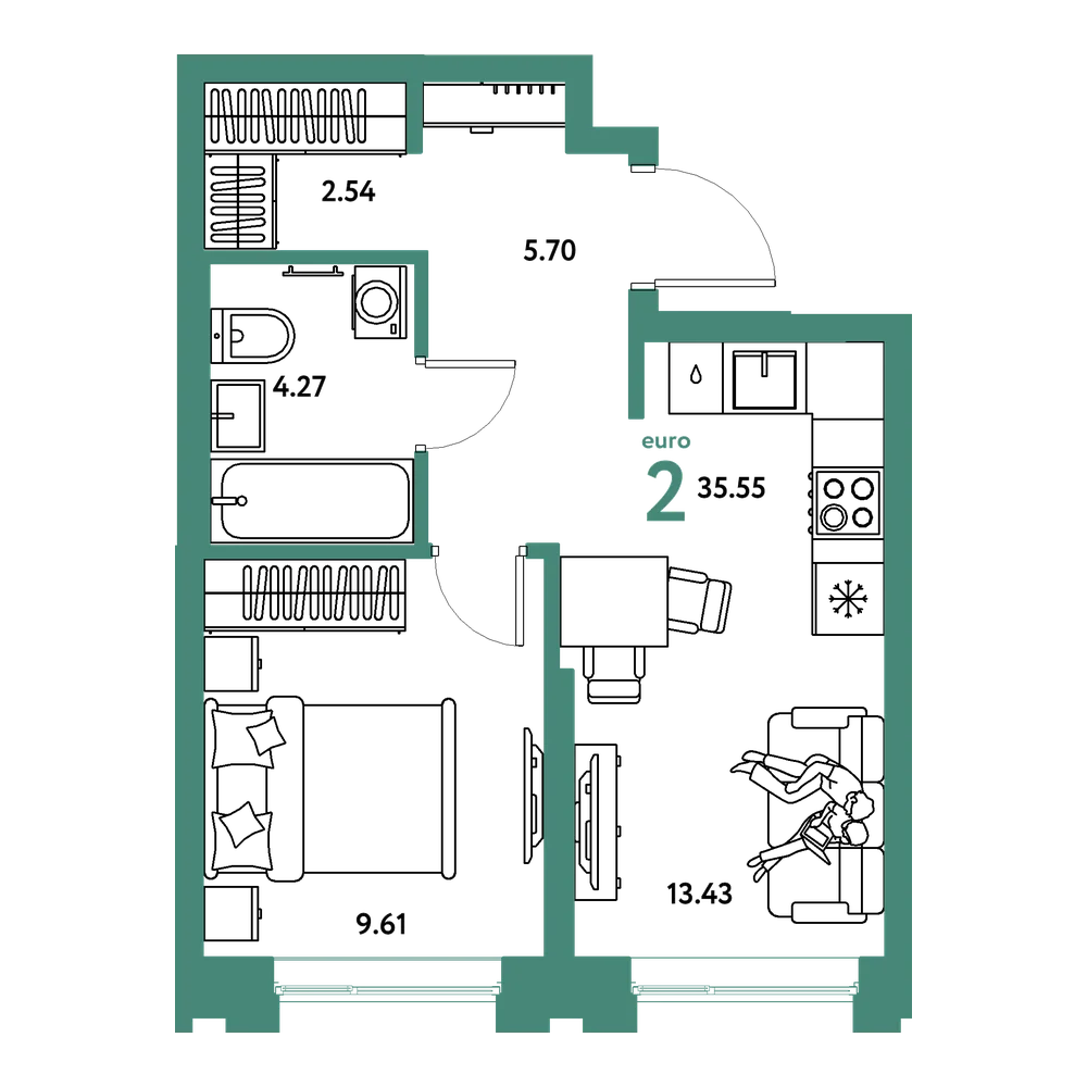 Планировка: Евродвушка 35,55 м²