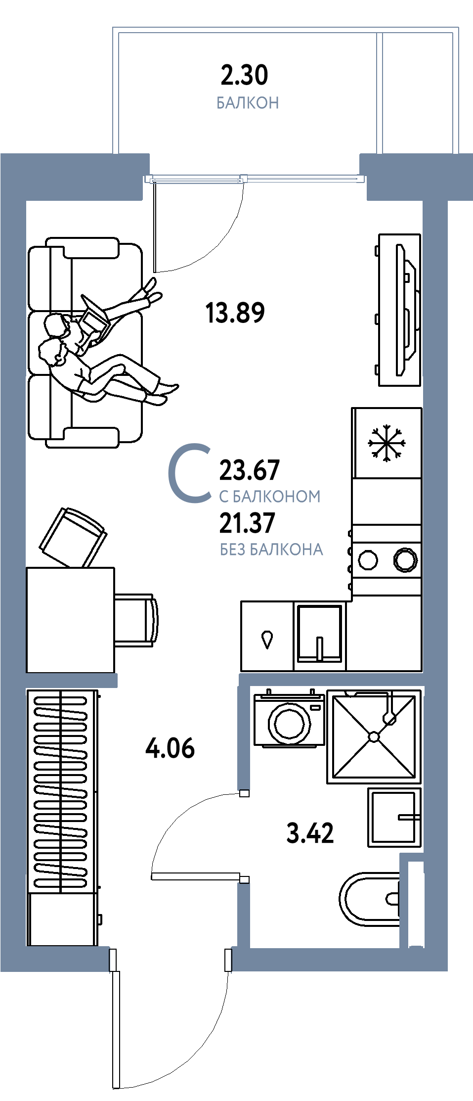 Планировка: Студия 23,67 м² в ЖК «Остров-сад»