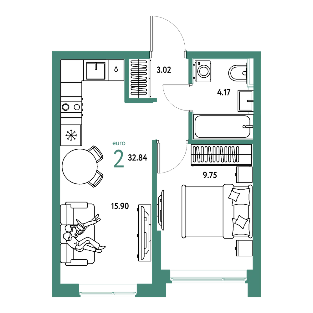 Планировка: Евродвушка 32,77 м²