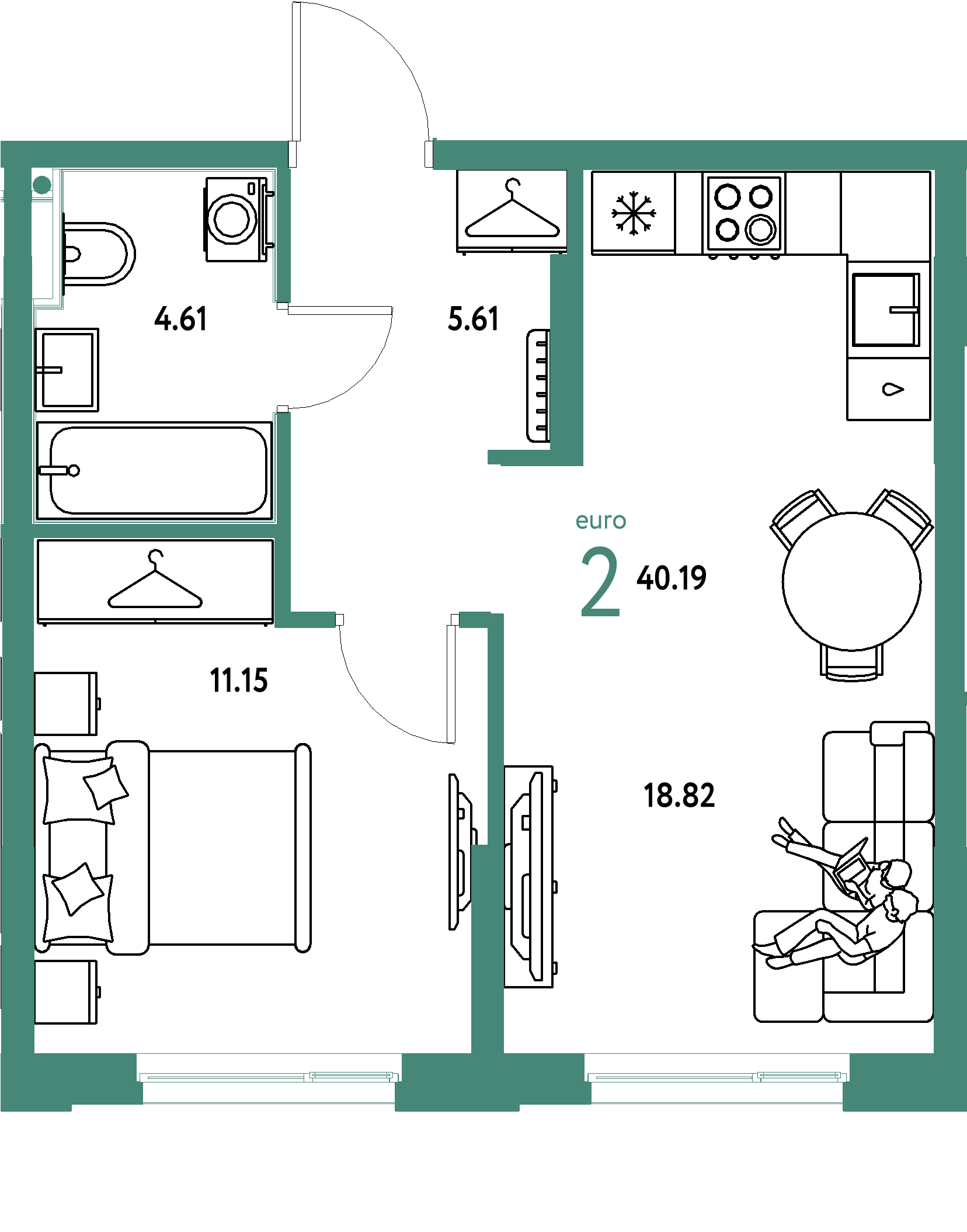 Планировка: Евродвушка 40,19 м² в ЖК «Европейский берег 2.0»