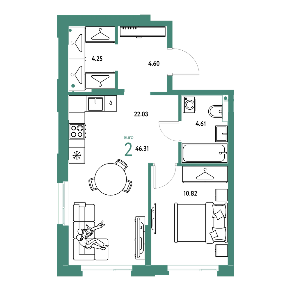 Планировка: Евродвушка 46,31 м²