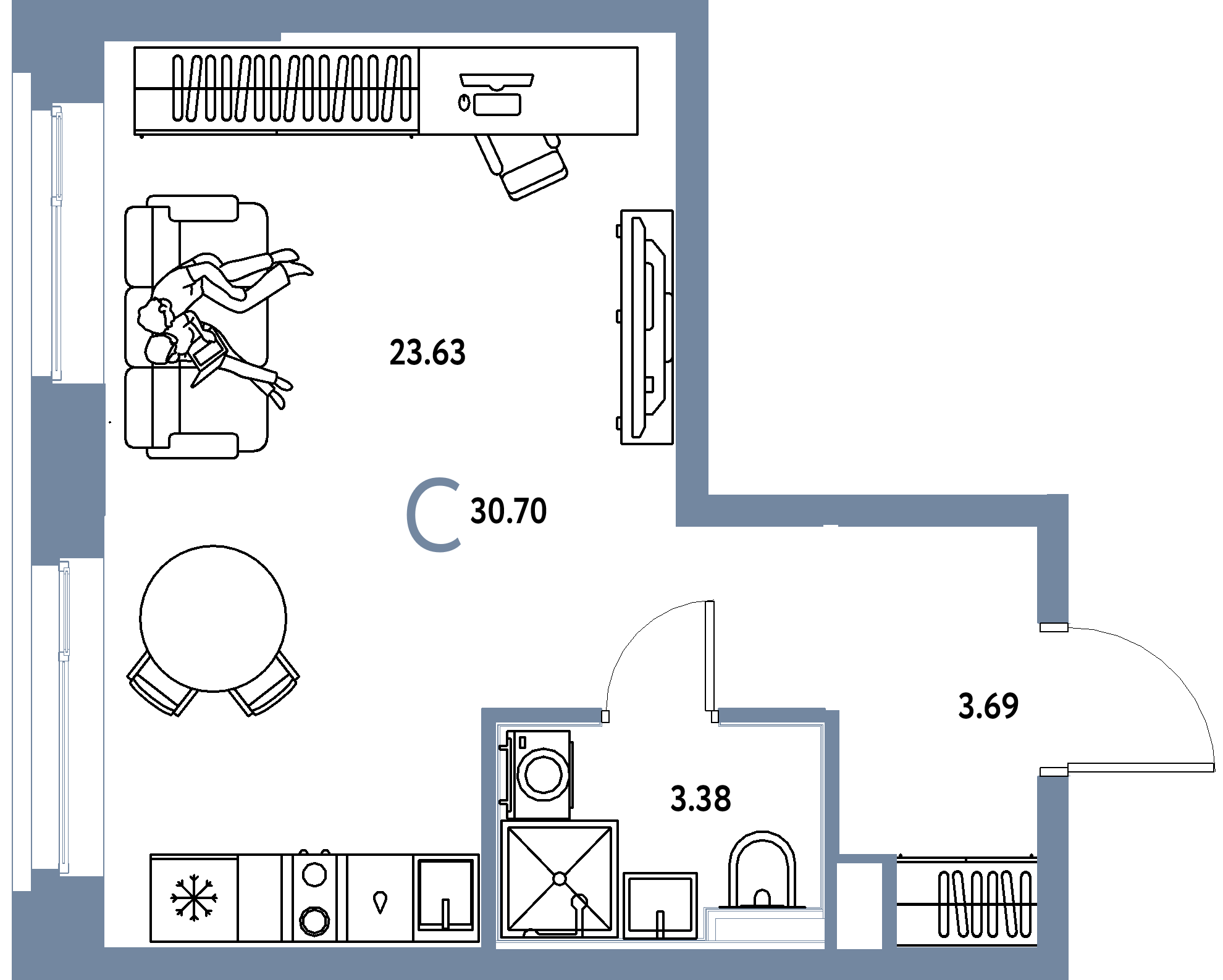 Планировка: Студия 30,7 м² в ЖК «Сердце Сибири»