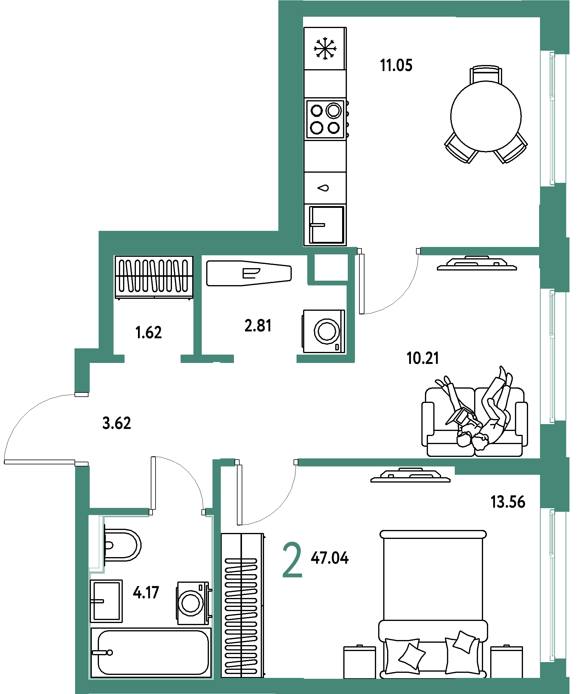 Планировка: 2-комнатная 47,04 м² в ЖК «Сердце Сибири»