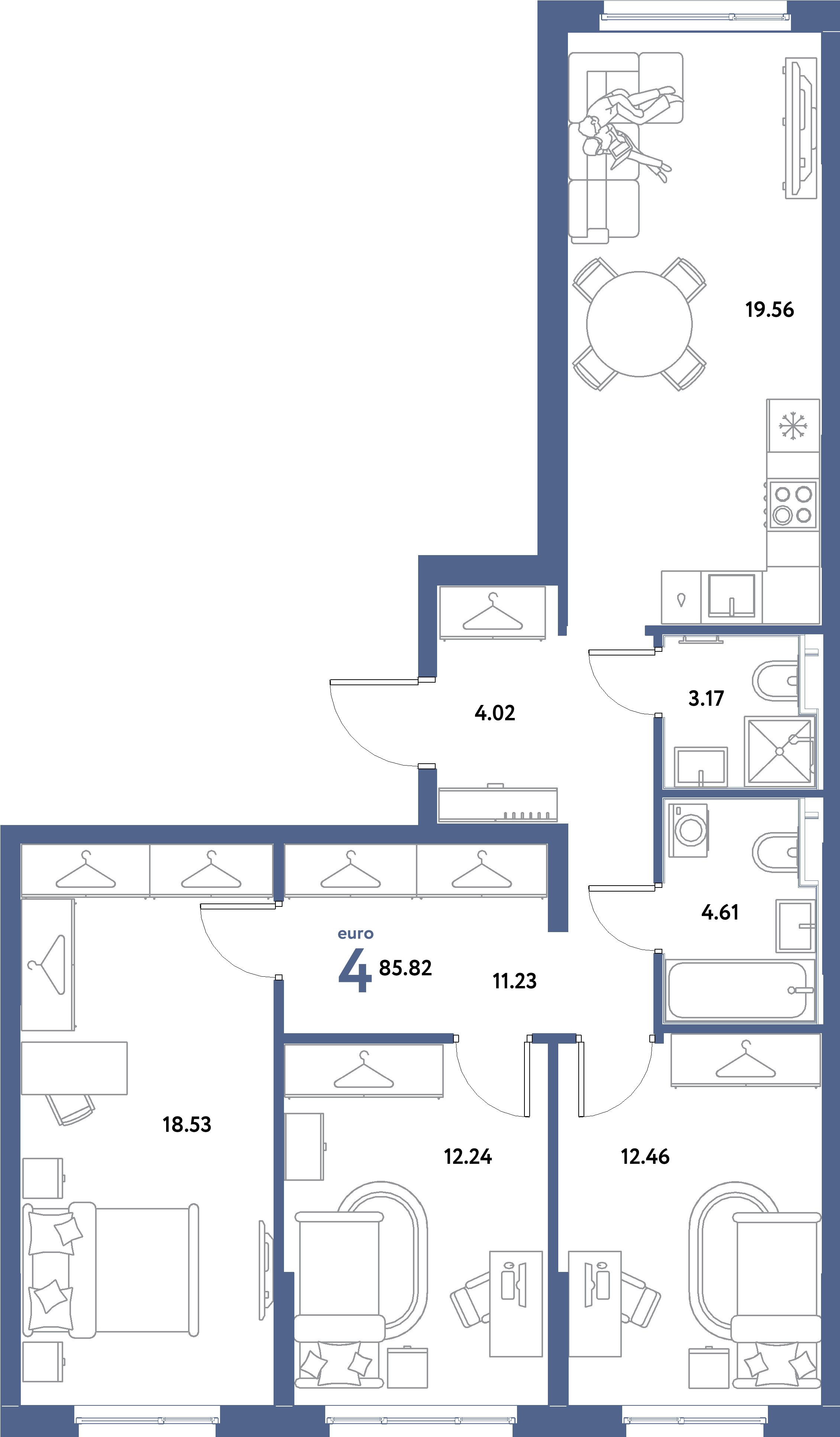 Планировка: Евро-4 85,82 м² в ЖК «Остров-сад»