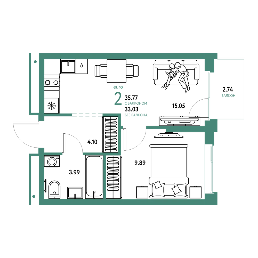 Планировка: Евродвушка 35,77 м²