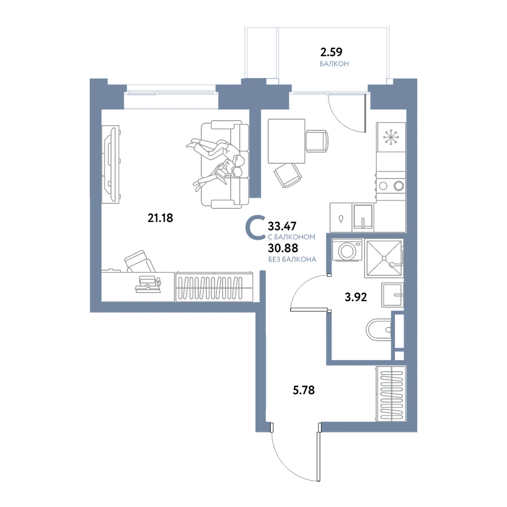 Планировка: Студия 33,47 м²