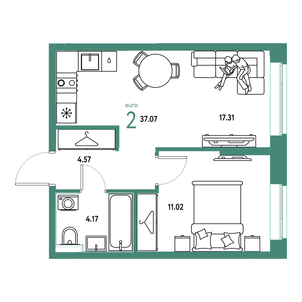 Планировка: Евродвушка 37,07 м²