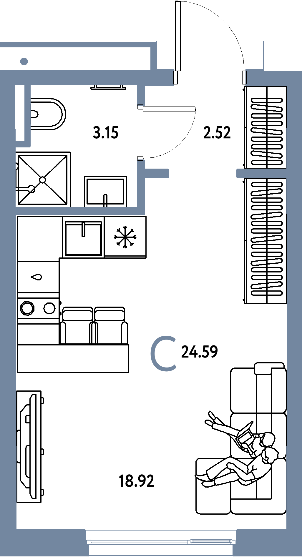 Планировка: Студия 24,59 м² в ЖК «Страна.Прибрежная»