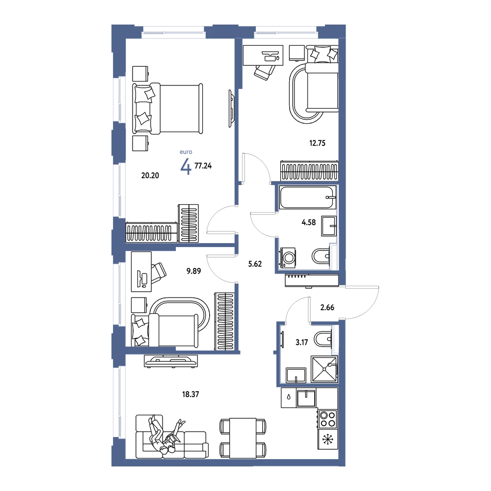 Планировка: Евро-4 77,24 м²