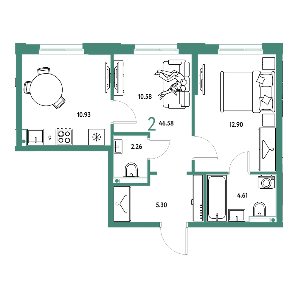 Планировка: 2-комнатная 46,58 м²