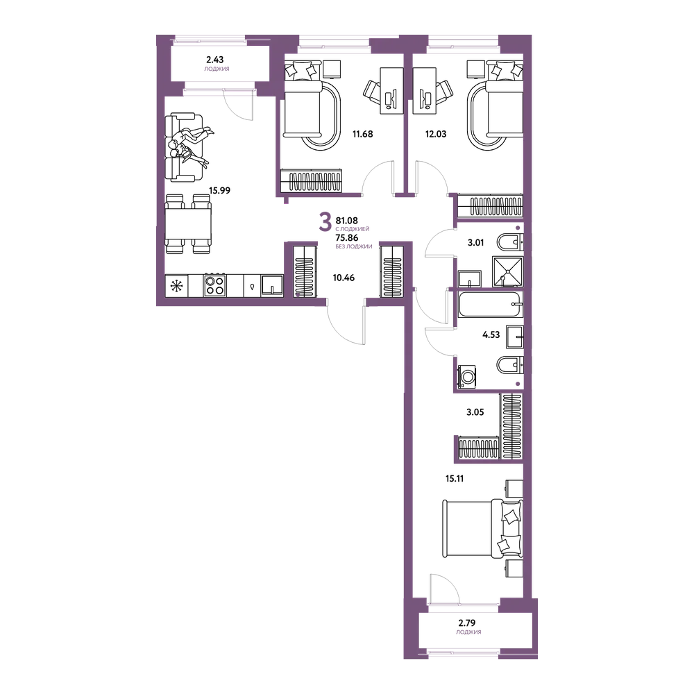 Планировка: 4-комнатная 81,08 м²