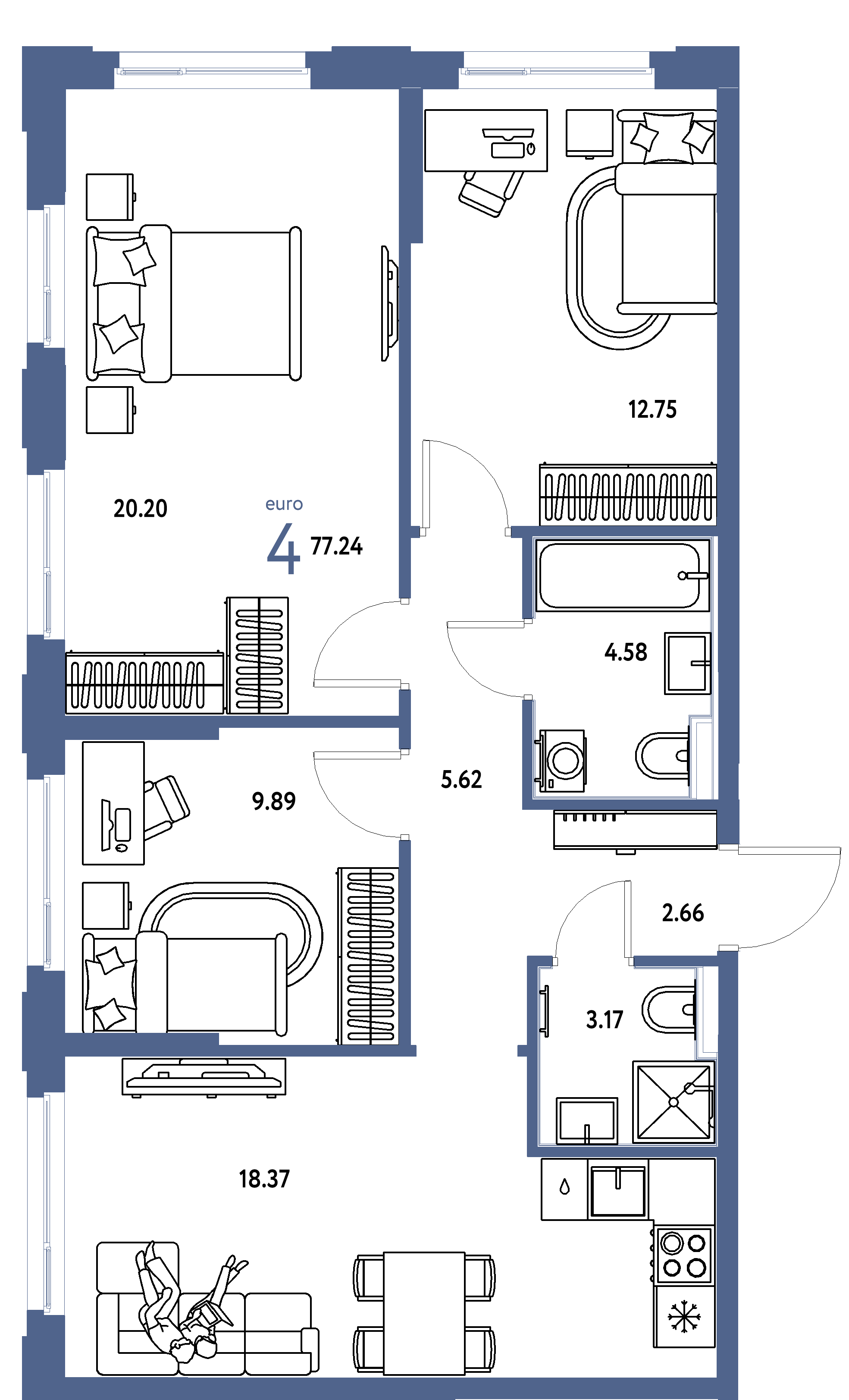 Планировка: Евро-4 77,24 м² в ЖК «Сердце Сибири»