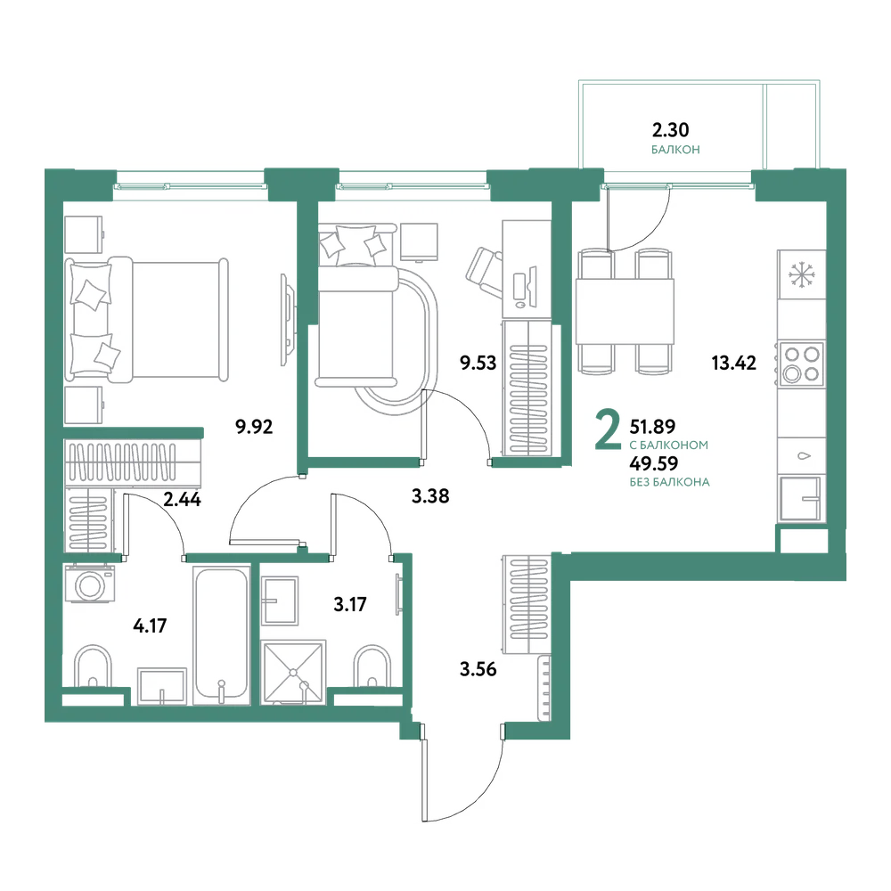 Планировка: 2-комнатная 51,89 м²