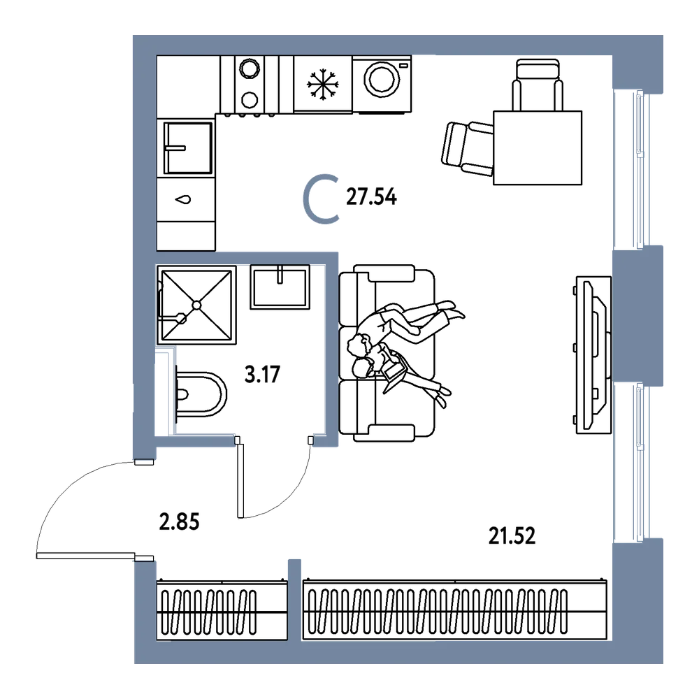Планировка: Студия 27,54 м²
