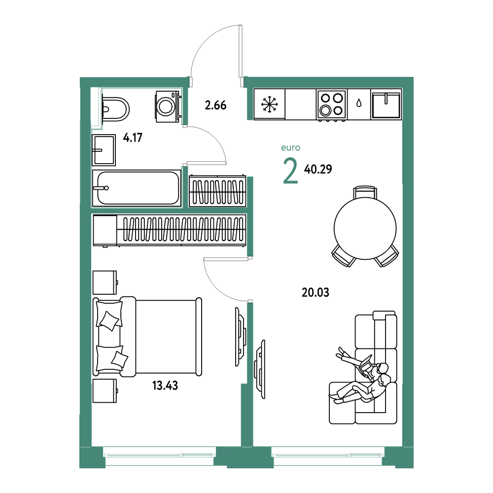 Планировка: Евродвушка 40,29 м²