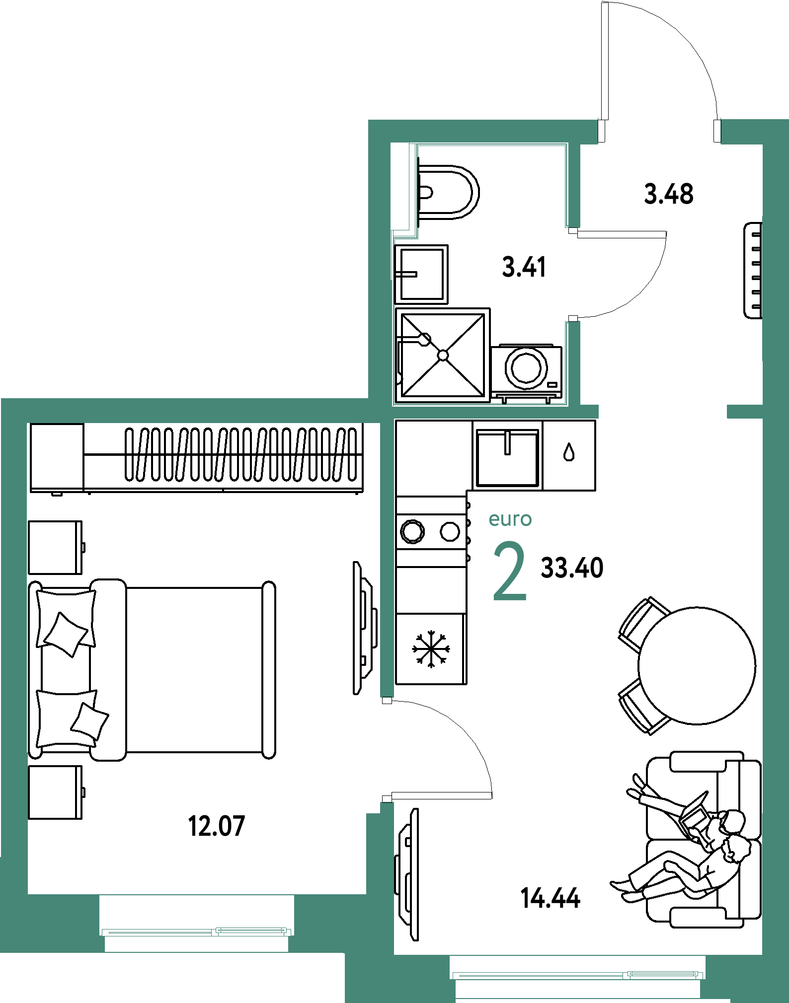 Планировка: Евродвушка 33,4 м² в ЖК «Домашний»
