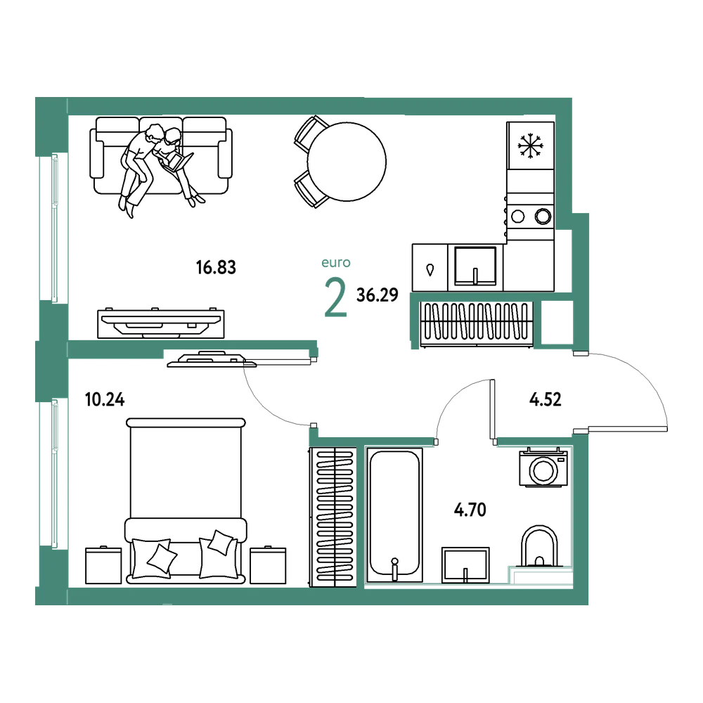 Планировка: Евродвушка 36,29 м²