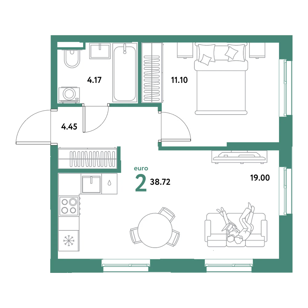 Планировка: Евродвушка 38,72 м²