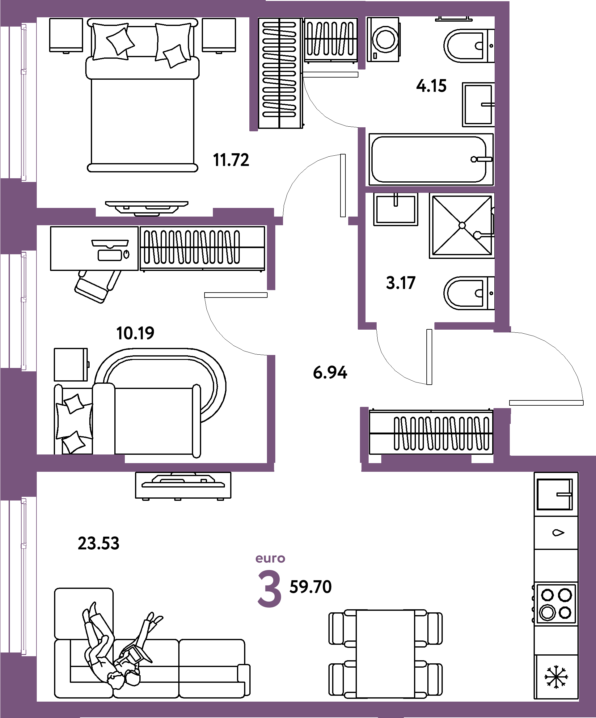Планировка: Евротрёшка 59,7 м² в ЖК «Европейский берег 2.0»