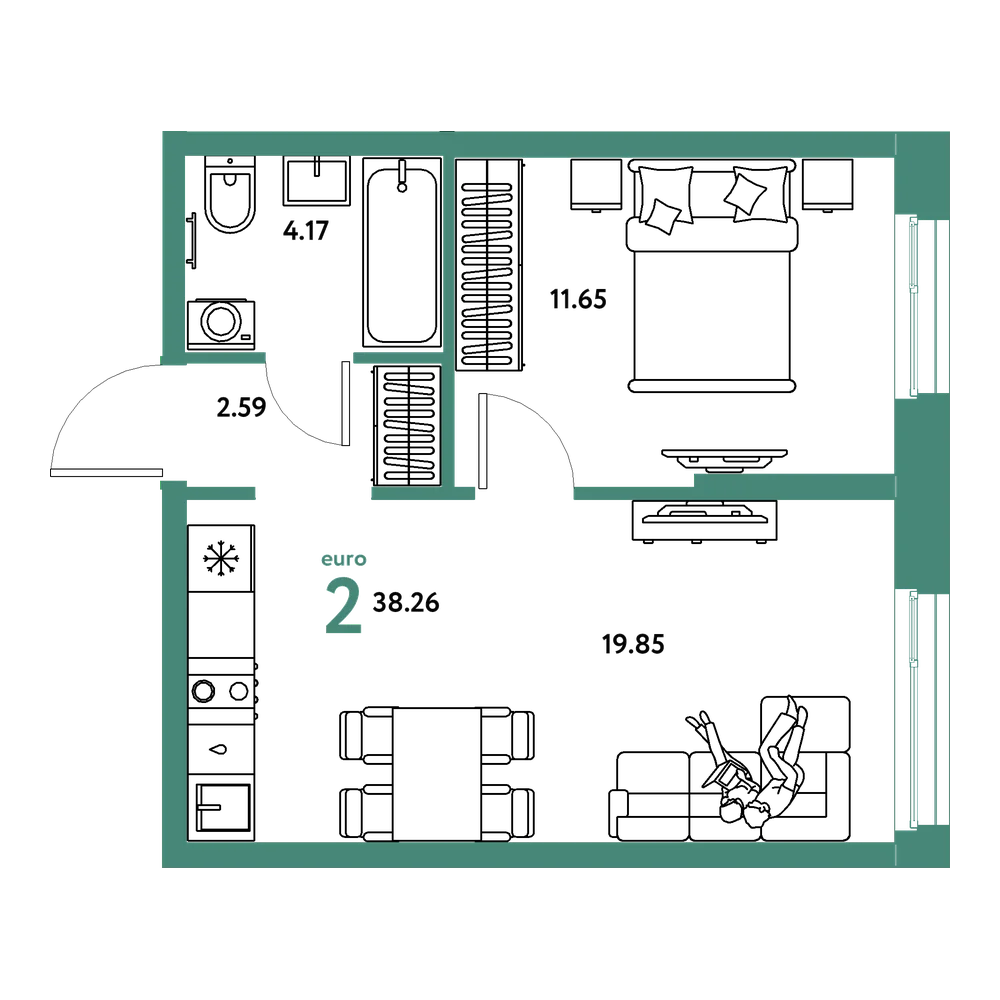 Планировка: Евродвушка 38,26 м²