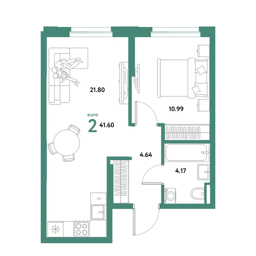 Планировка: Евродвушка 41,6 м²