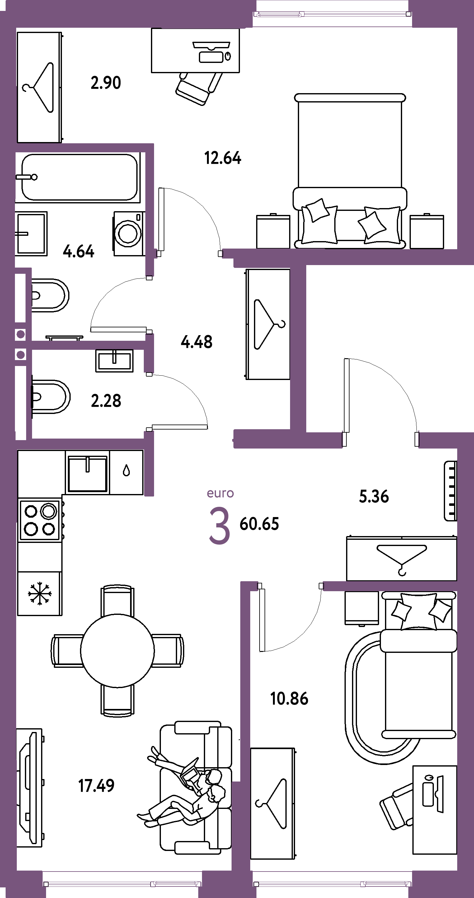 Планировка: Евротрёшка 60,65 м² в ЖК «Страна.Прибрежная»