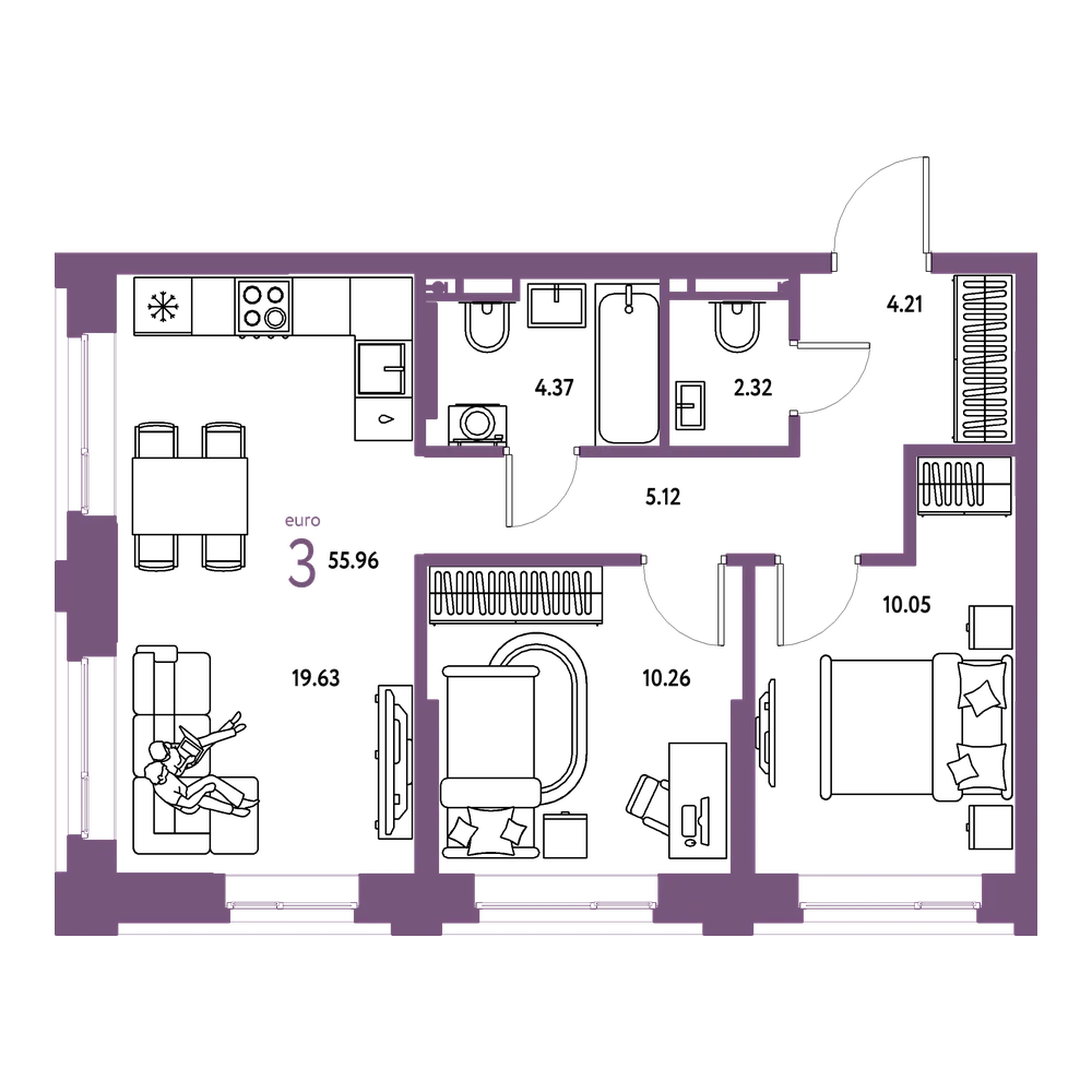 Планировка: Евротрёшка 55,96 м²