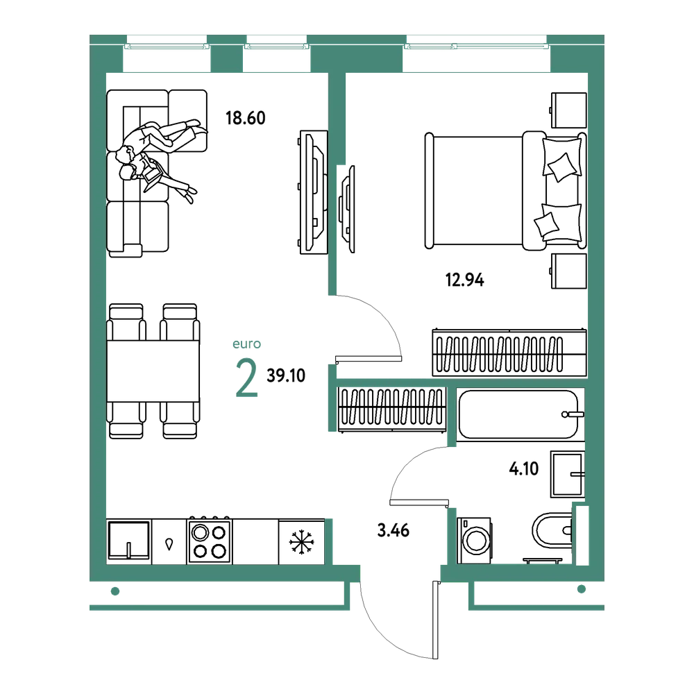 Планировка: Евродвушка 39,1 м²