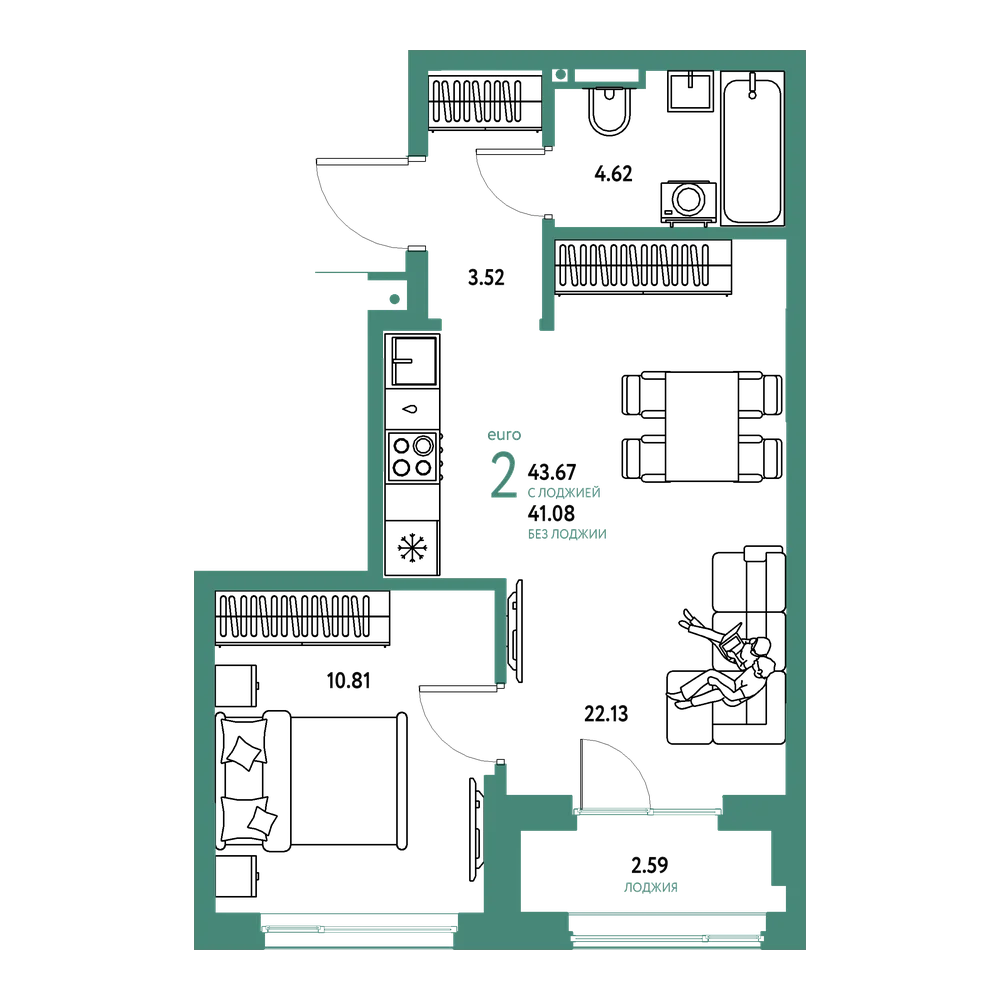 Планировка: Евродвушка 43,67 м²