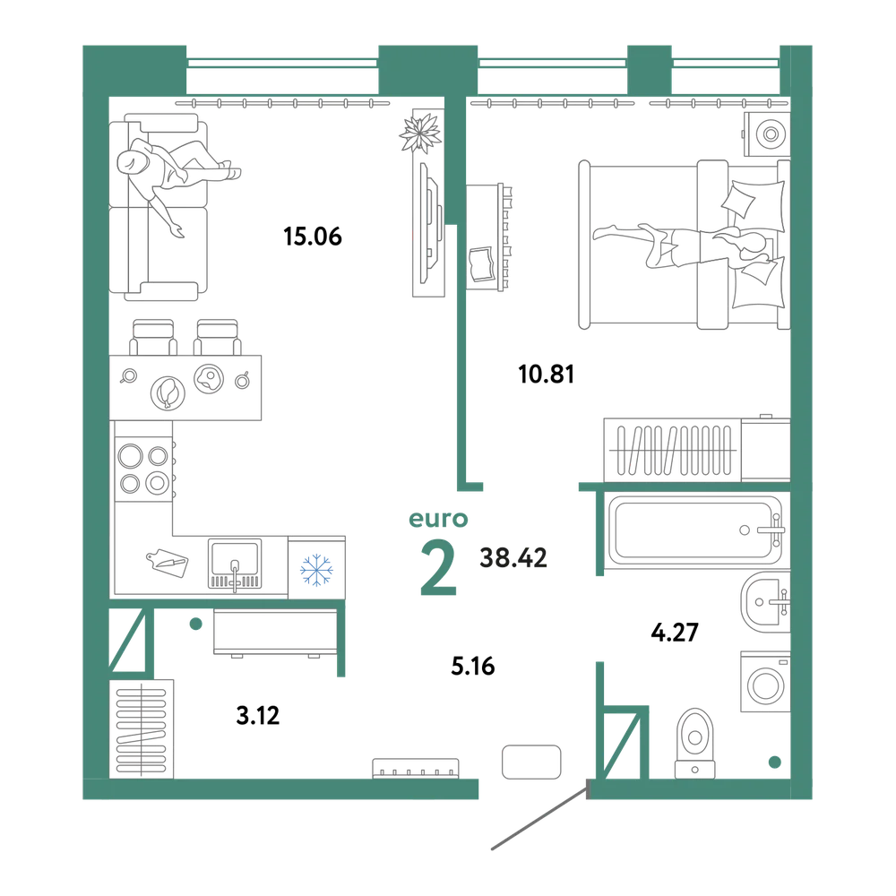 Планировка: Евродвушка 38,42 м²