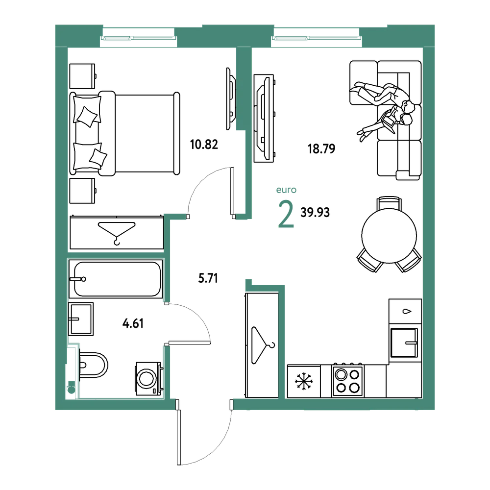 Планировка: Евродвушка 39,93 м²