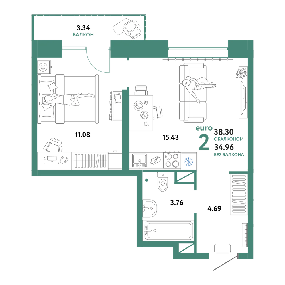 Планировка: Евродвушка 38,3 м²