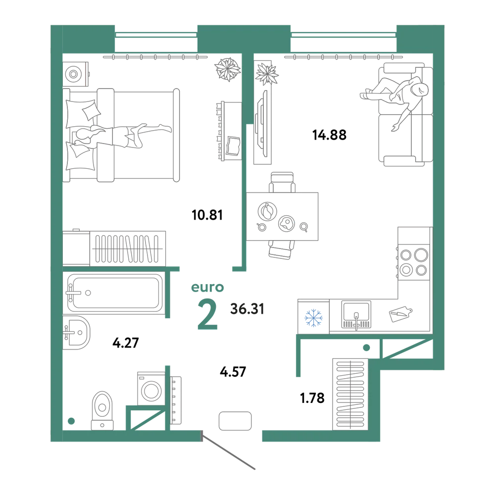Планировка: Евродвушка 36,31 м²