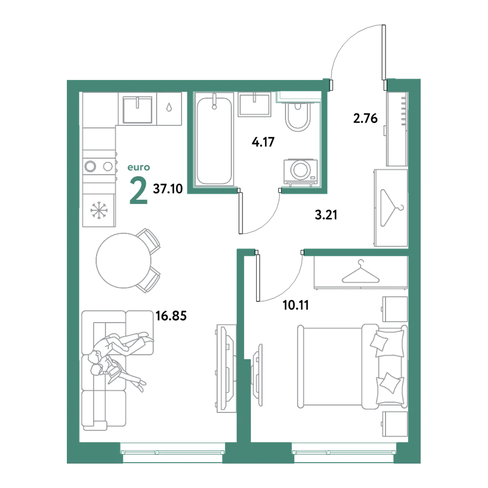 Планировка: Евродвушка 37,1 м²