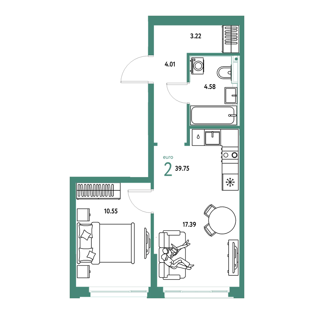 Планировка: Евродвушка 39,75 м²