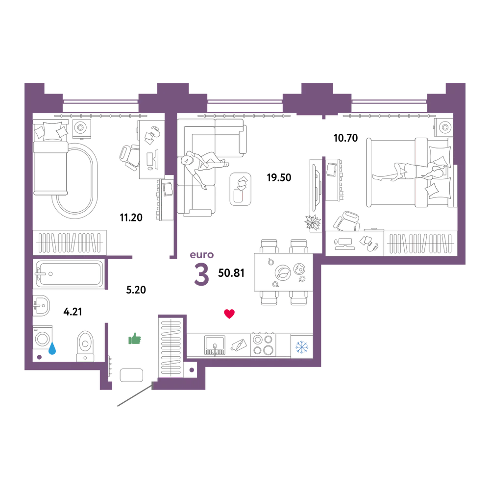 Планировка: Евротрёшка 51,03 м²