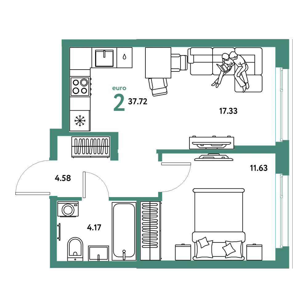 Планировка: Евродвушка 37,72 м²