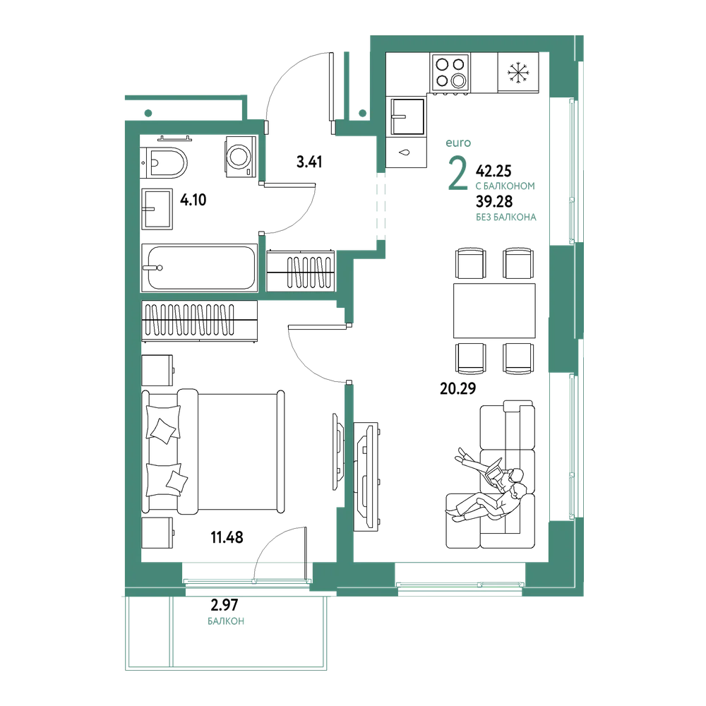 Планировка: Евродвушка 42,25 м²