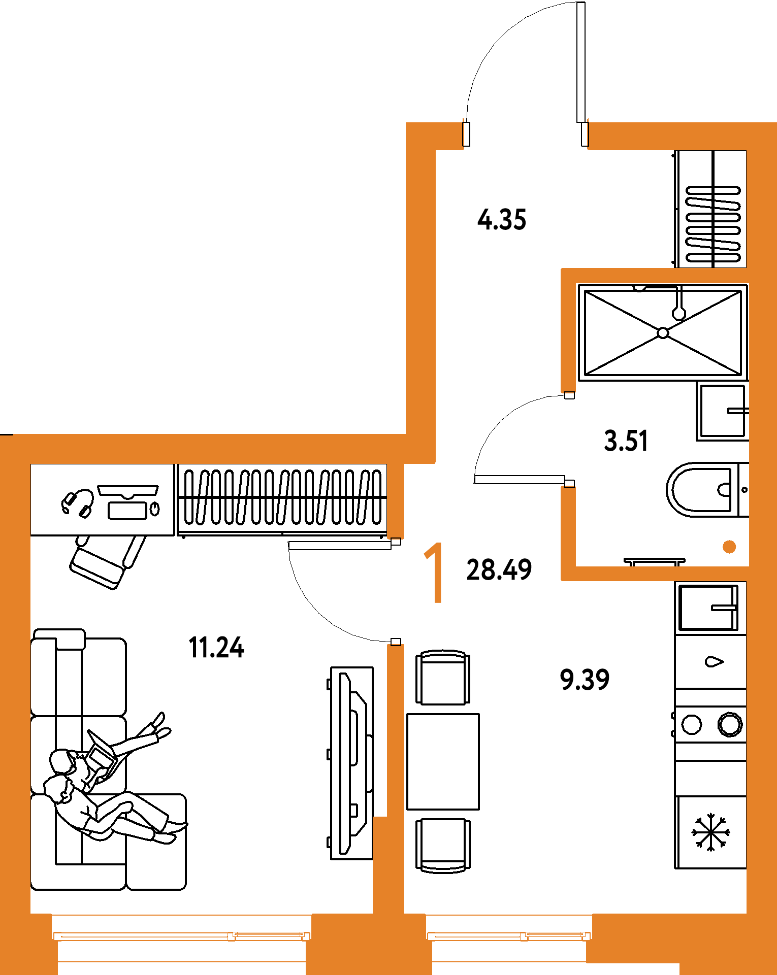 Планировка: 1-комнатная 28,49 м² в ЖК «Домашний»