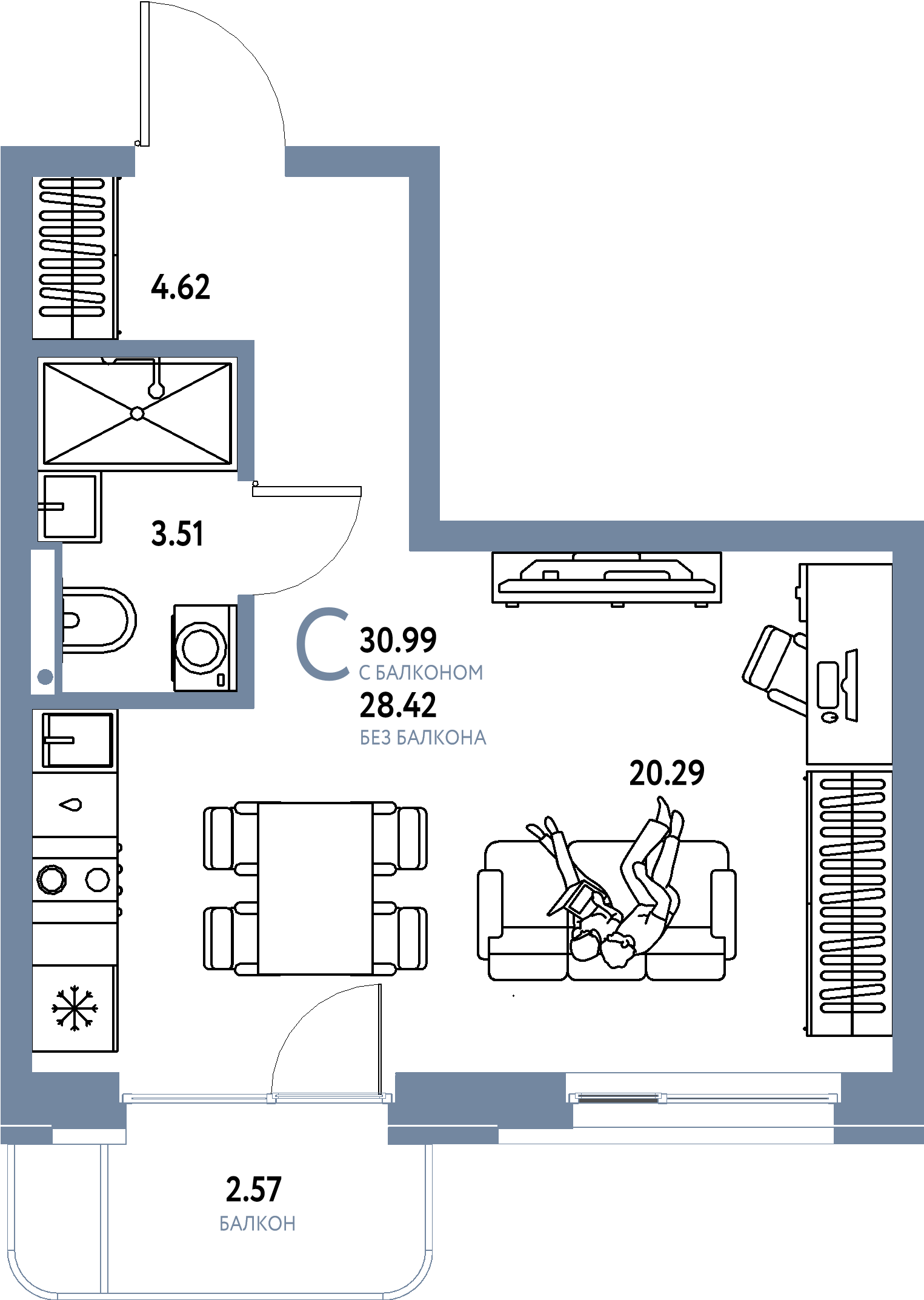 Планировка: Студия 30,99 м² в ЖК «Домашний»