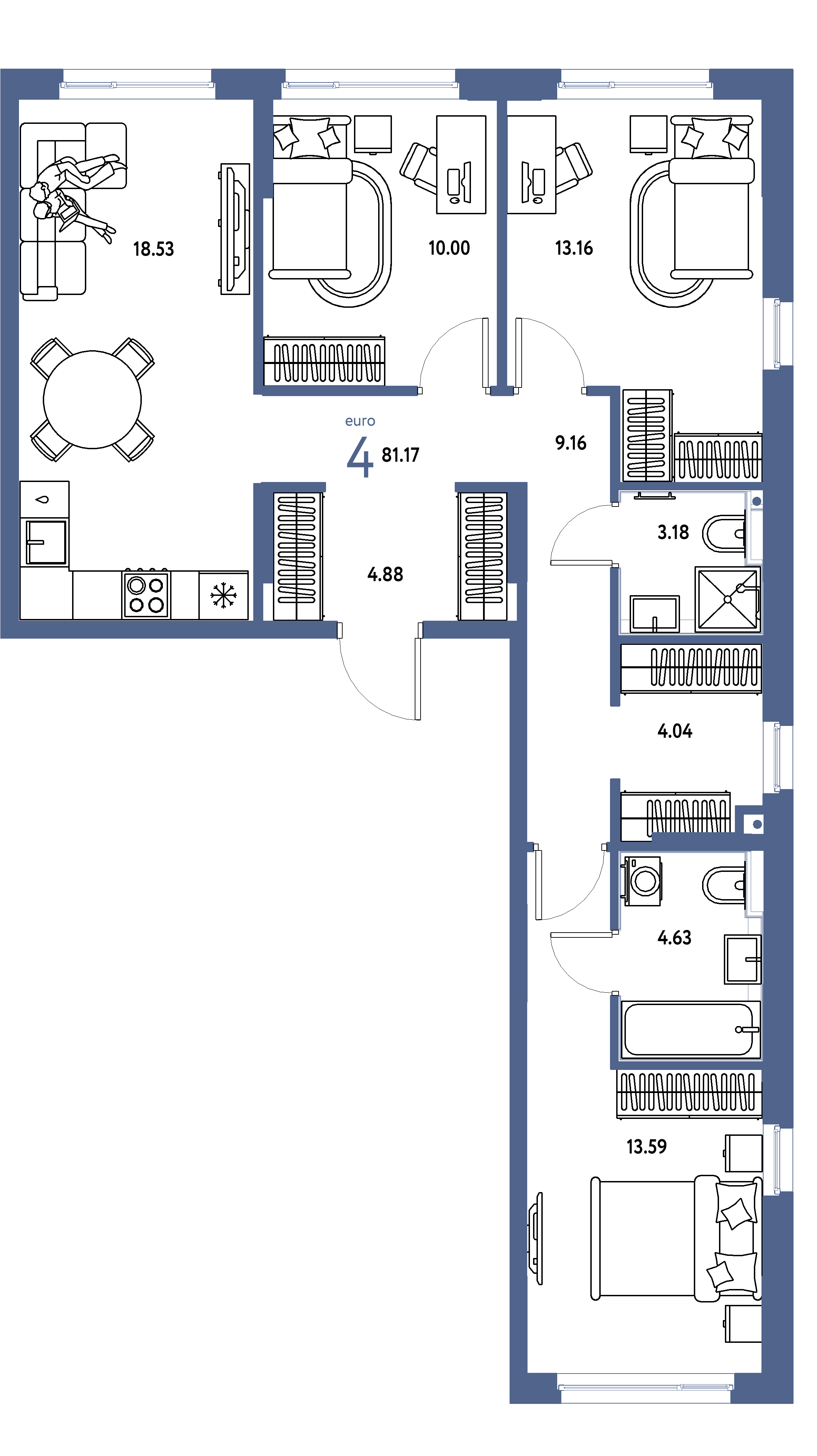 Планировка: Евро-4 81,17 м² в ЖК «Сердце Сибири»
