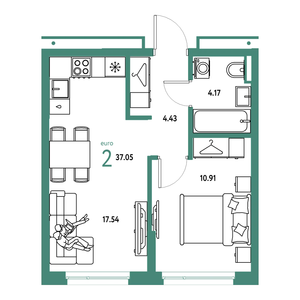Планировка: Евродвушка 37,05 м²