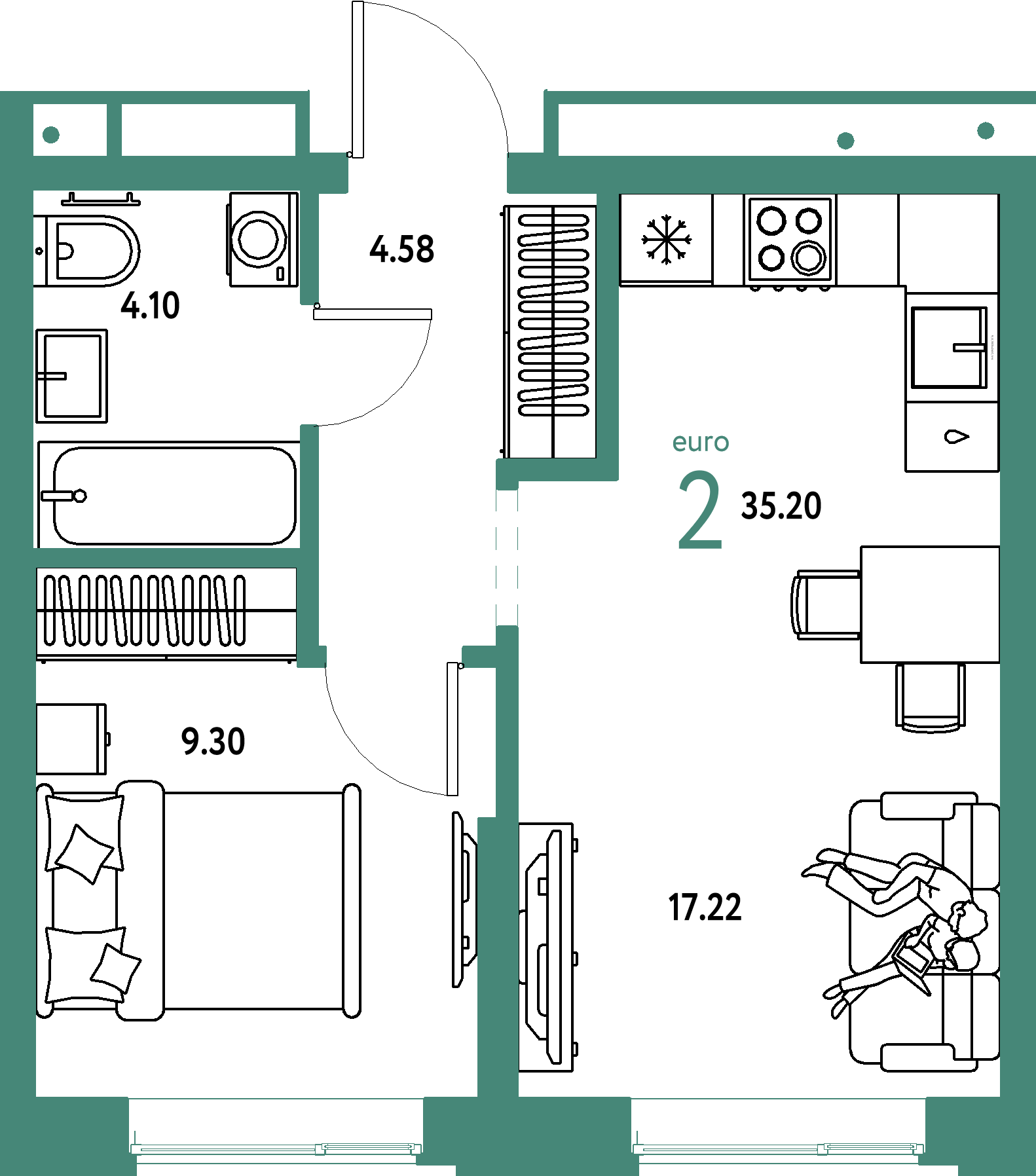 Планировка: Евродвушка 35,2 м² в ЖК «Домашний»