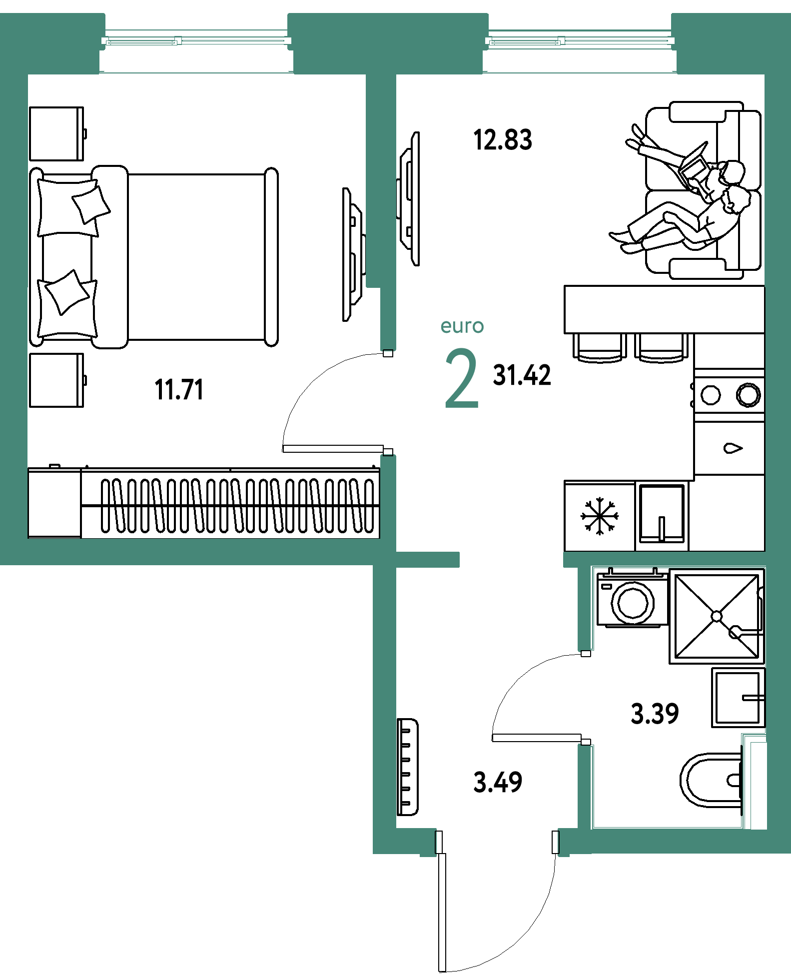 Планировка: Евродвушка 31,42 м² в ЖК «Остров-сад»