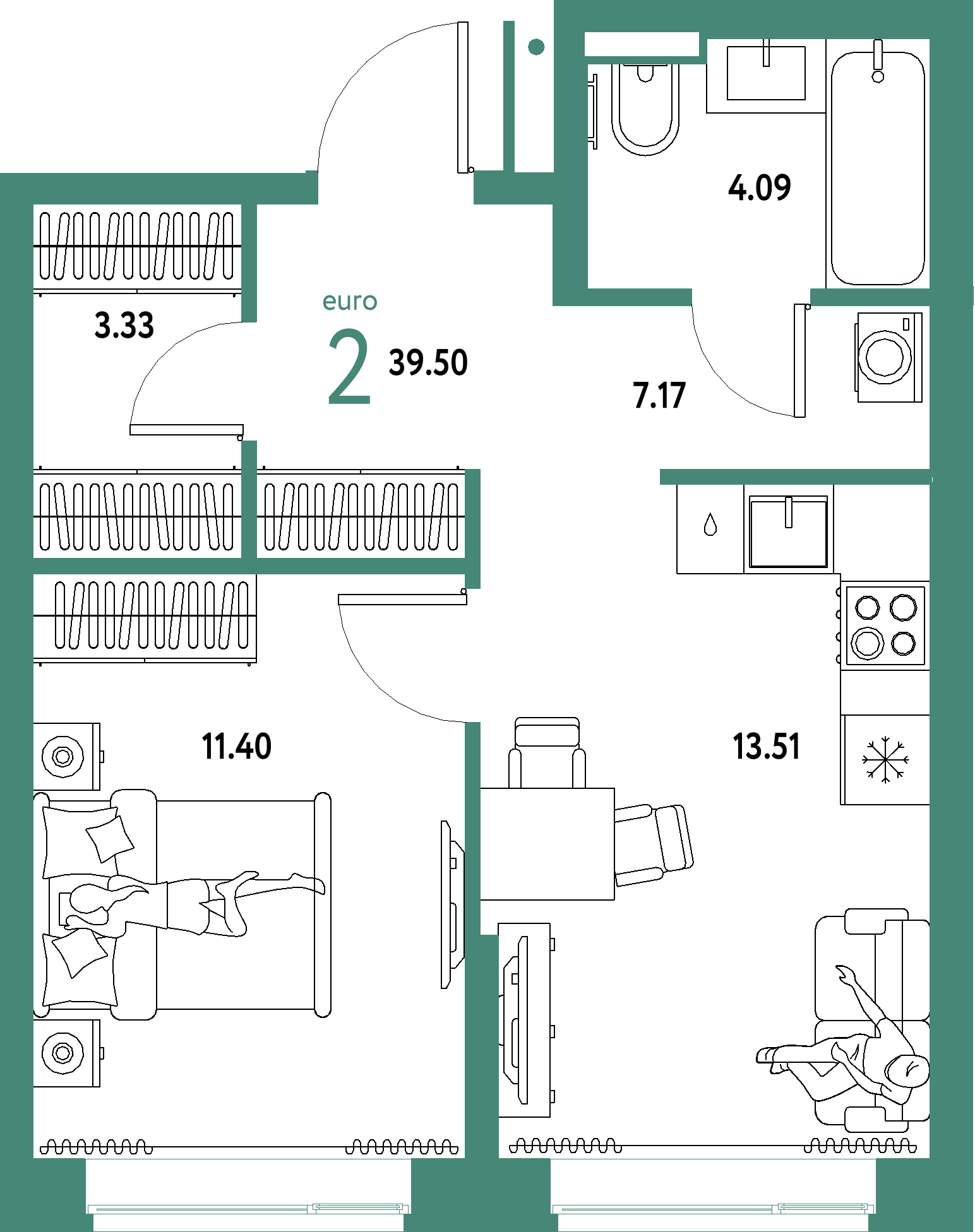 Планировка: Евродвушка 39,5 м² в ЖК «Домашний»