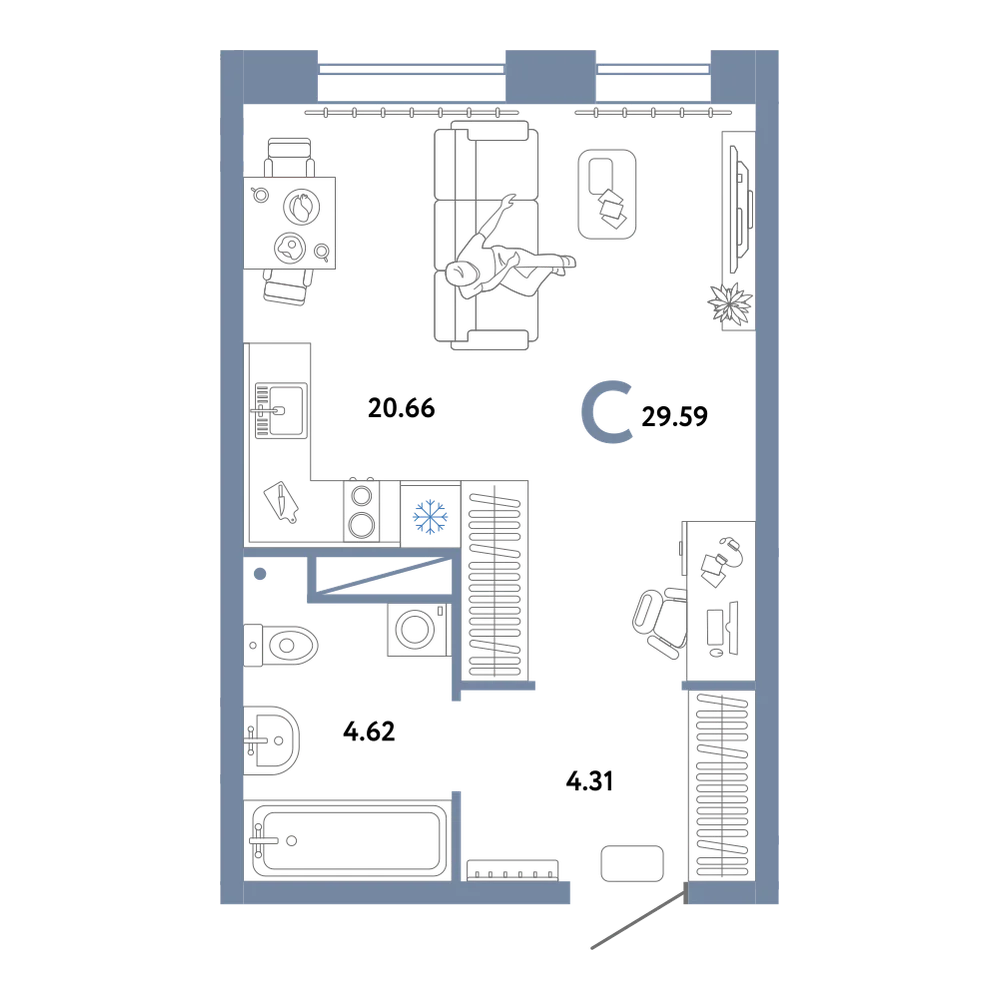 Планировка: Студия 29,59 м²