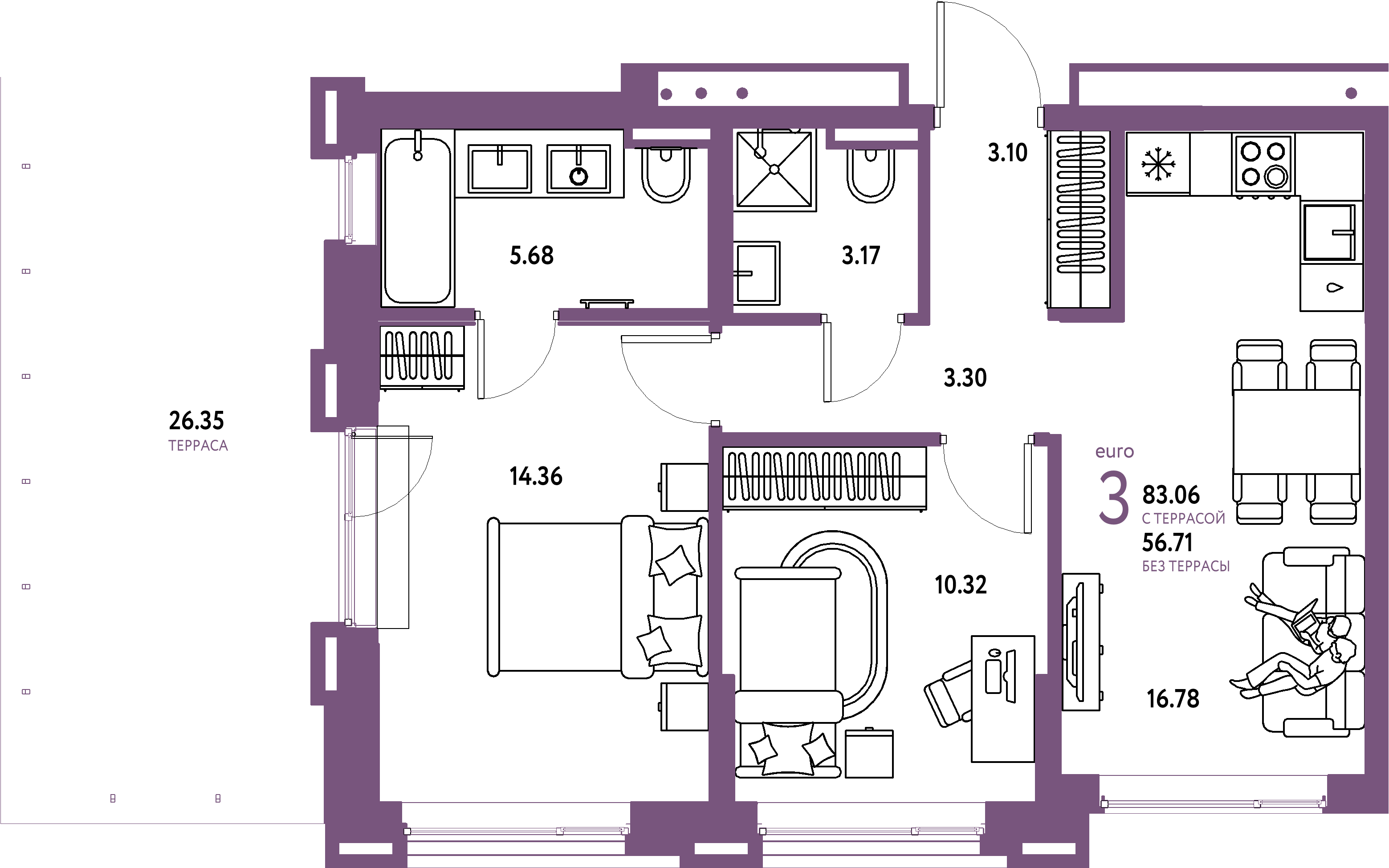 Планировка: Евротрёшка 83,06 м² в ЖК «Страна.Прибрежная»