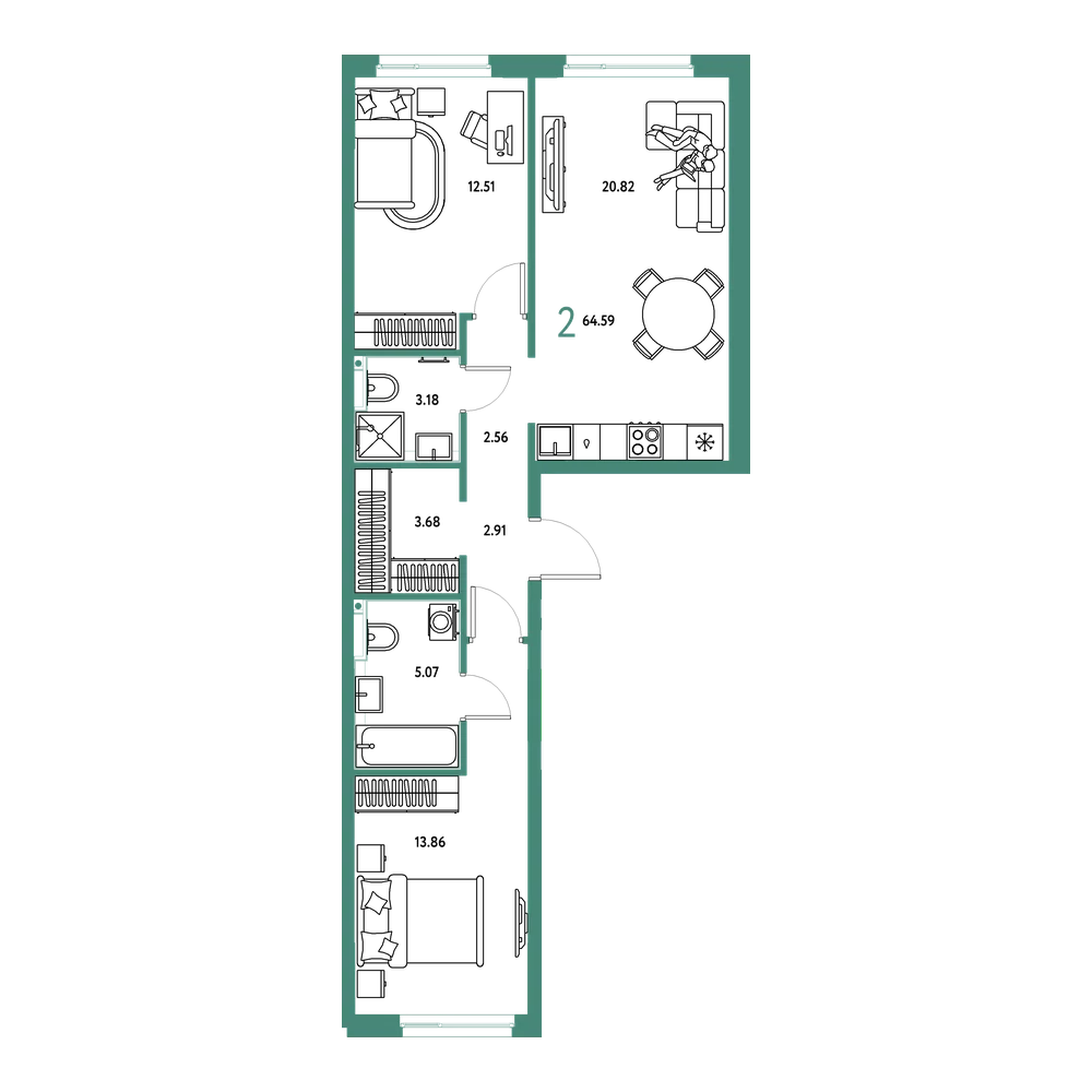 Планировка: 2-комнатная 64,59 м²