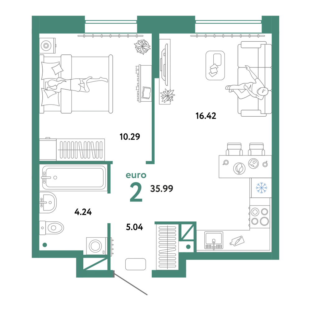 Планировка: Евродвушка 35,99 м²